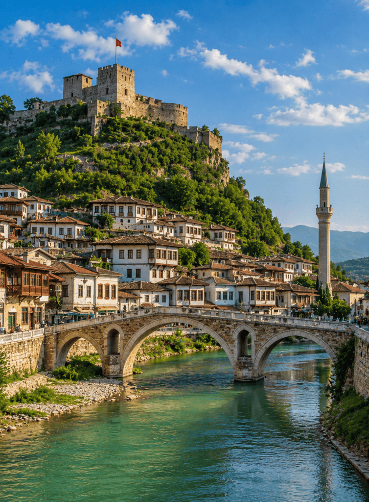 Ancient castle atop a hill with a vibrant riverside town and mosque, showcasing cultural heritage an.