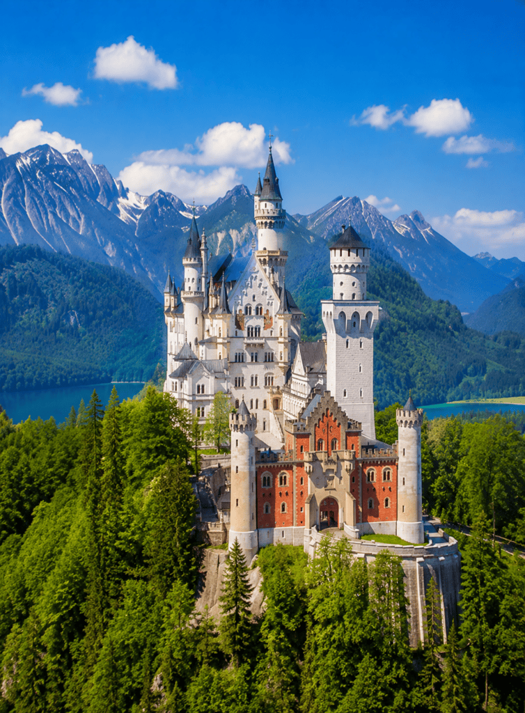 Stunning fairy tale castle surrounded by lush green forests and majestic mountains in Bavaria, Germa.