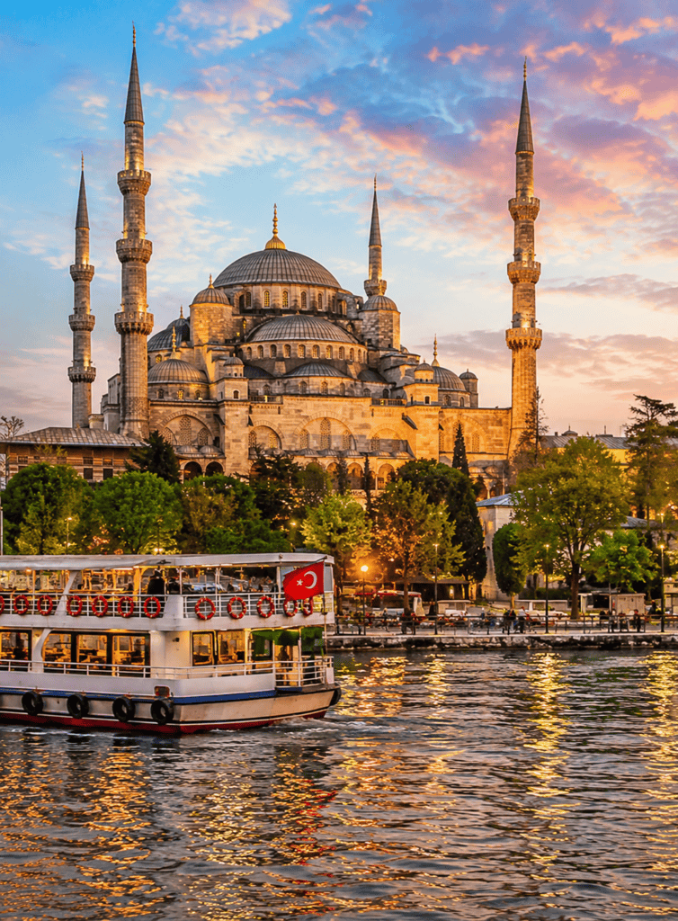 Hagia Sophia Mosque with minarets during sunset in Istanbul, Turkey.