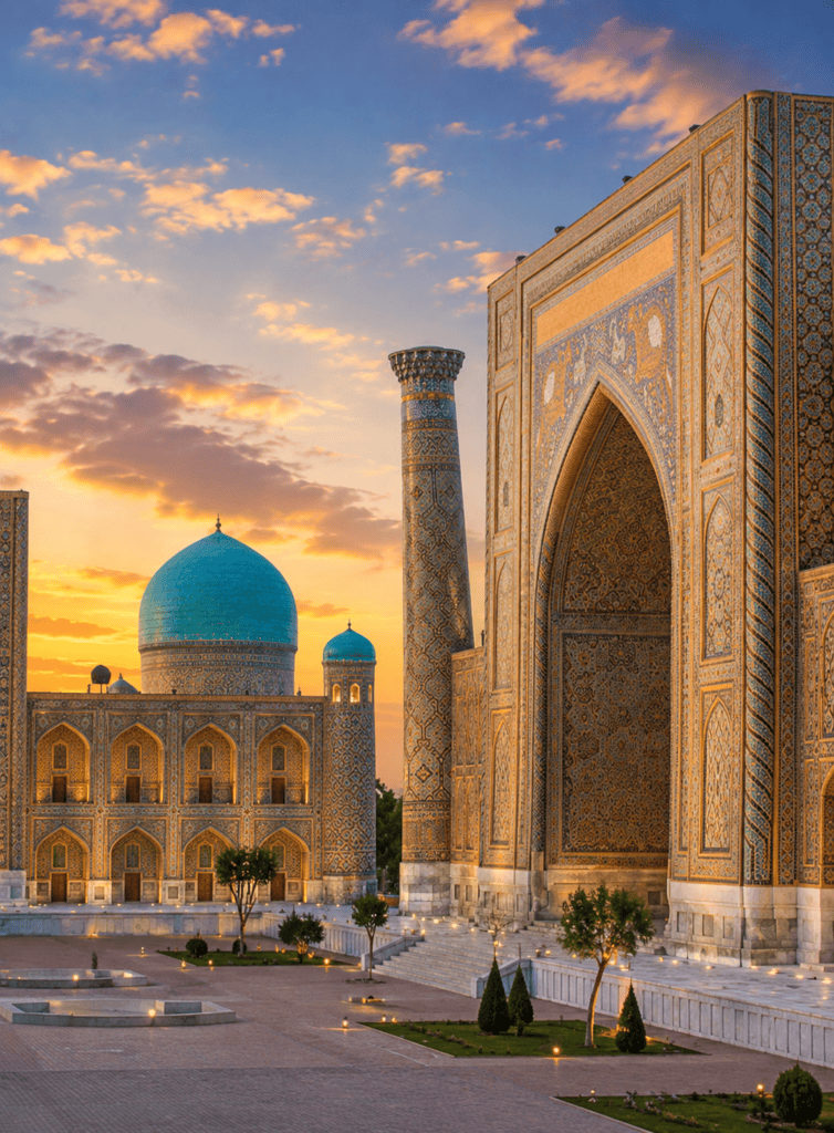 Ancient mosque with intricate tile work and towering minarets at sunset.